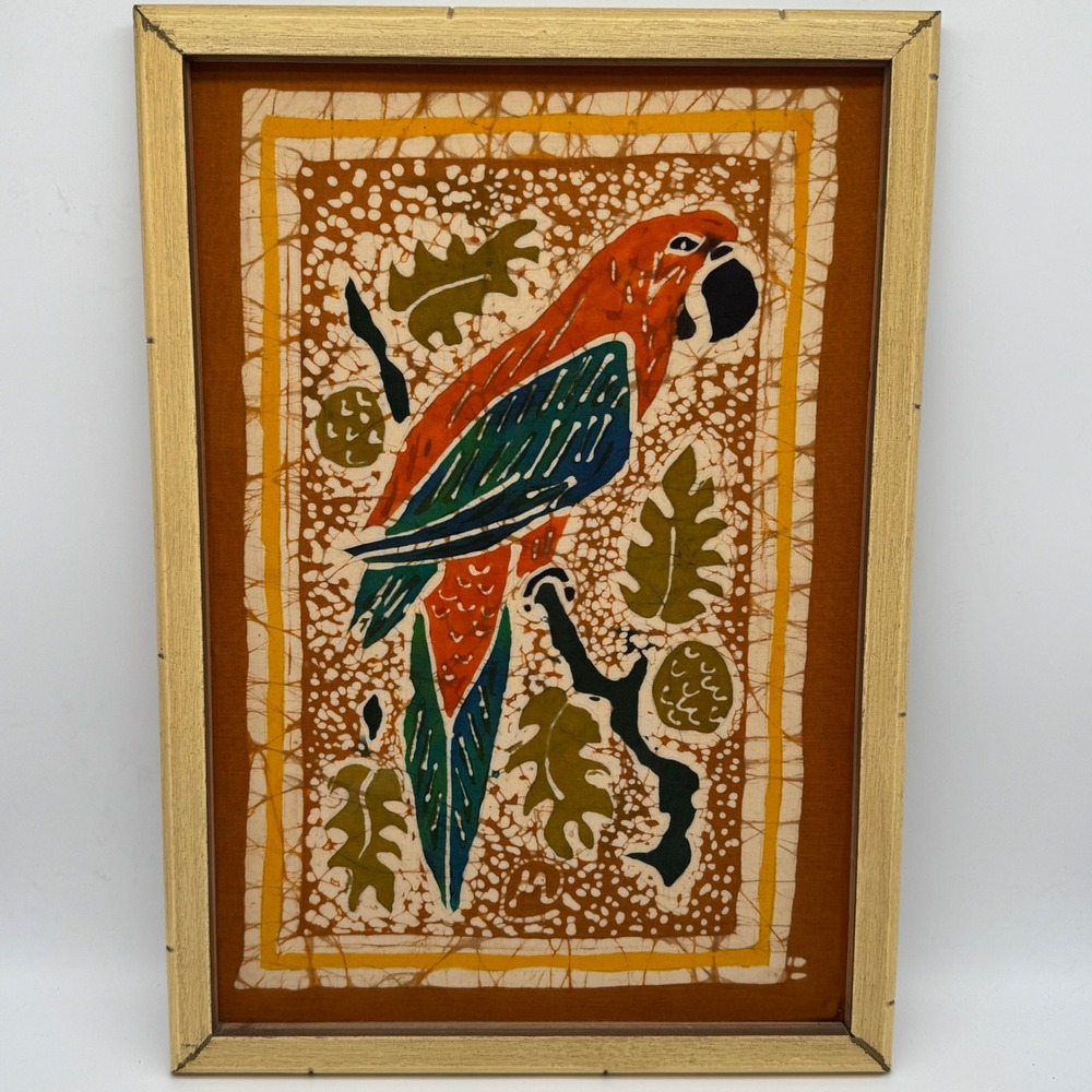 Vintage MCM Batik Fabric Art Framed 17x12 Parrot Tropical Wax Resist Textile Vtg